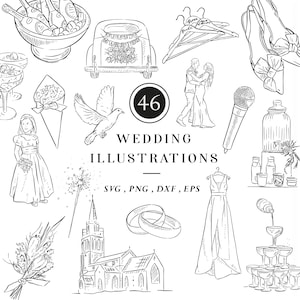 May include: A set of 46 black and white wedding illustrations, including a church, a car, a dove, a bride and groom, a flower bouquet, a microphone, a champagne bottle, a wedding dress, and wedding rings.