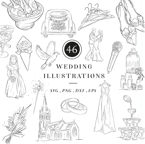 Wedding Timeline Icons, Wedding Clipart, DIY Wedding Signage, Digital Download Illustrations, Line Drawn Clip Art, Bride and Groom, Dress