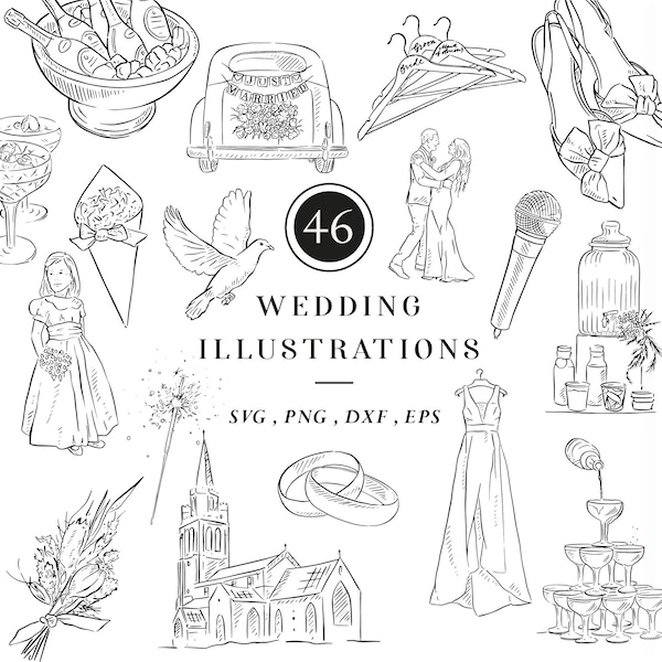 Wedding Timeline Icons, Wedding Clipart, DIY Wedding Signage, Digital Download Illustrations, Line Drawn Clip Art, Bride and Groom, Dress