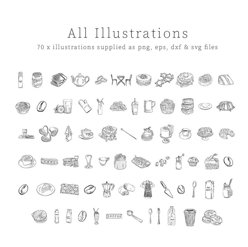 A set of 70 black and white hand-drawn illustrations of coffee shop and cafe items. The illustrations include coffee beans, cups, mugs, pastries, cakes, and other related items.