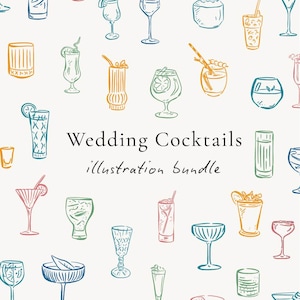 May include: An illustration of various cocktail glasses in a repeating pattern. The image features a variety of cocktail glasses in different shapes and sizes, with colorful outlines. Text in the center reads "Wedding Cocktails illustration bundle."
