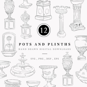 May include: A set of 12 hand-drawn digital downloads of pots and plinths. The illustrations are in black and white and feature a variety of styles, including classic urns, planters, and fountains.