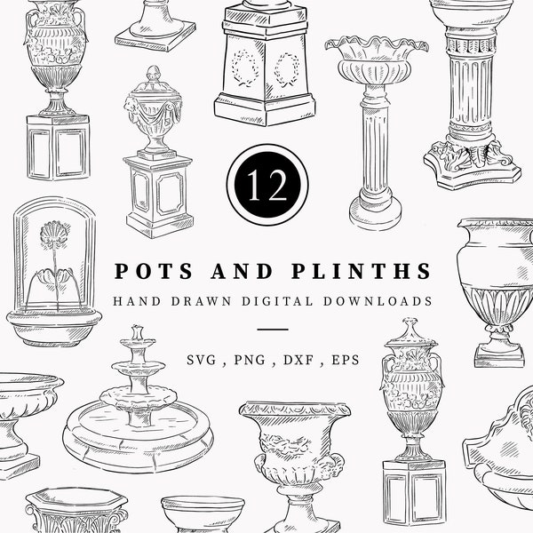 Pots and Garden Plinths Illustrations, Digital Download, Line Drawn Clip Art, Classic Garden, Wedding Signage, Traditional Urn Illustration