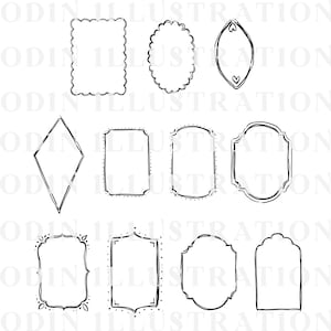 A set of black and white hand-drawn frames in diverse shapes, such as rectangles, ovals, and a diamond. Each frame has a unique border design, with some featuring scalloped edges or dotted lines. Suitable for digital art or scrapbooking projects.