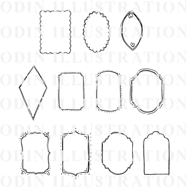 A set of black and white hand-drawn frames in diverse shapes, such as rectangles, ovals, and a diamond. Each frame has a unique border design, with some featuring scalloped edges or dotted lines. Suitable for digital art or scrapbooking projects.