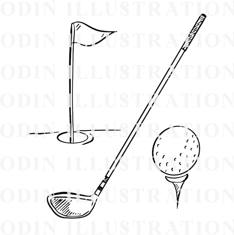 May include: A black and white line drawing of a golf club, golf ball on a tee, and a golf hole with a flag.
