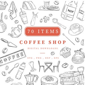 Clipart de linha desenhada de cafeteria, 70 arquivos PNG, Svg, Dxf e Eps, download digital instantâneo de café, comida e bebida, desenhado à mão em preto e branco