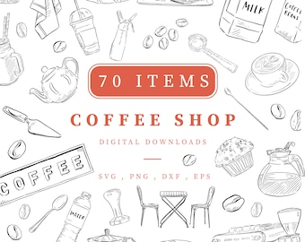 Może przedstawiać: Czarno-biała ilustracja elementów kawiarnianych. Zawiera filiżanki kawy, ziarna, ekspres do kawy i tekst "70 ITEMS COFFEE SHOP DIGITAL DOWNLOADS". Zawiera również tekst "SVG, PNG, DXF, EPS".