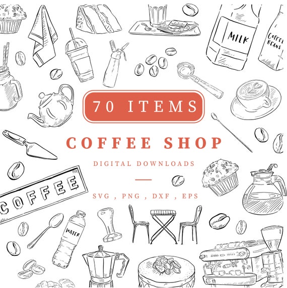 Coffee Shop Illustration Bundle, Line Drawn Clipart, Cafe Art, Food and Drink Instant Digital Download, Hand Drawn Black and White, PNG, EPS