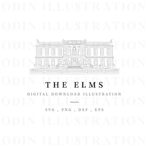 The Elms Clip Art, Ilustración de la mansión de EE. UU., Dibujo de línea de descarga instantánea, Ilustración vectorial, América, Boda en Rhode Island