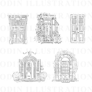 A black and white line drawing of four different door designs. The doors are all closed and have various architectural details, including arched tops, windows, and decorative trim. Some of the doors are surrounded by greenery, such as vines or bushes. The doors are all drawn in a realistic style, with attention to detail.