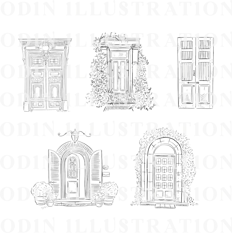 A black and white line drawing of four different door designs. The doors are all closed and have various architectural details, including arched tops, windows, and decorative trim. Some of the doors are surrounded by greenery, such as vines or bushes. The doors are all drawn in a realistic style, with attention to detail.