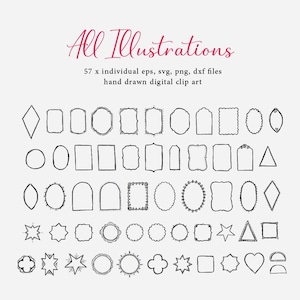 A selection of 57 hand-drawn digital clip art illustrations, featuring frames, stars, and geometric shapes. The text "All Illustrations" is in a cursive font. The image includes file formats: eps, svg, png, and dxf.