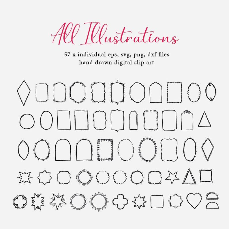 A selection of 57 hand-drawn digital clip art illustrations, featuring frames, stars, and geometric shapes. The text "All Illustrations" is in a cursive font. The image includes file formats: eps, svg, png, and dxf.