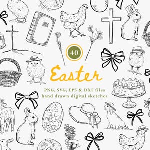 Paquete de imágenes prediseñadas de Pascua: animales dibujados a mano, garabatos primaverales, ilustraciones de descarga digital instantánea, gráficos vectoriales, conejos con sombreros.