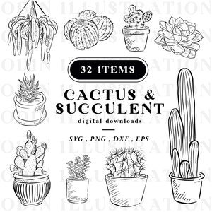 Cactus Clipart, House Plant Digital Download, Illustration Bundle, Line Drawn Clipart, Cacti and Succulents in Pots, Instant Download Art