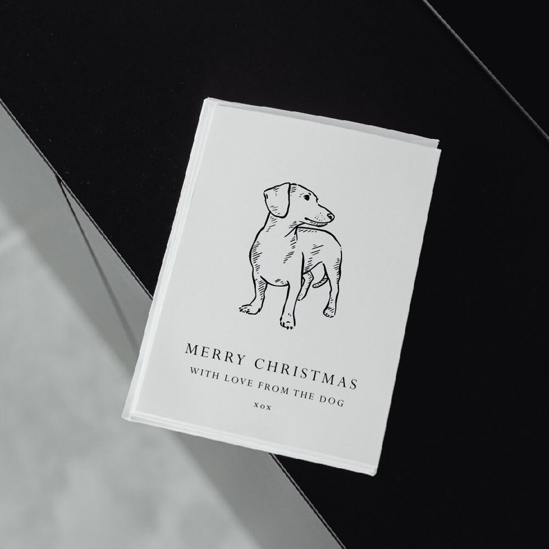 Christmas card with line drawn dog on the front