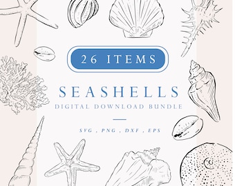 Shell Clipart Bundle, Sea Themed Digital Download, Illustration Bundle, Line Drawn Beach Clipart, Shells SVG, Destination Wedding Doodles