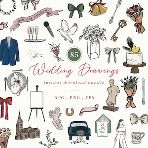 Könnte beinhalten: Eine Sammlung handgezeichneter Illustrationen zum Thema Hochzeit, darunter ein blauer Blazer, Champagnergläser, eine Taube, Blumen, Kuchen und ein Oldtimer. Der Text "Wedding Drawings" und die Zahl "85" sind ebenfalls sichtbar.
