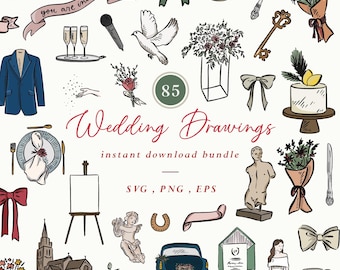 Colourful Wedding Illustration Bundle, DIY Invitation Art (Digital Download), Coloured Wedding Drawings, Bridal Art, Order of the Day Sign