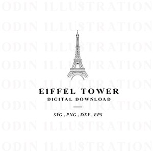 May include: A black and white line drawing of the Eiffel Tower. The text "Eiffel Tower" and "Digital Download" is below the image. The text "SVG, PNG, DXF, EPS" is below the text.