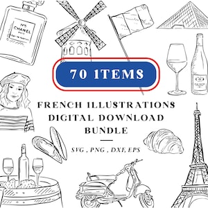 France Line Drawn Clipart, Paris Black and White Images, France SVG Files, French Cuisine Instant Digital Download, Wine Illustration Sketch