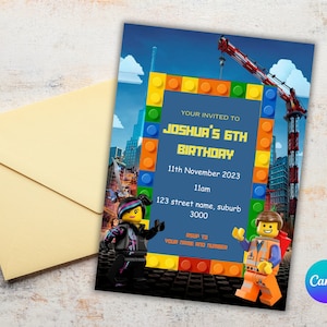 Building blocks birthday invitation, kids party invitation, editable invitation template, superhero party, bricks invite, canva template