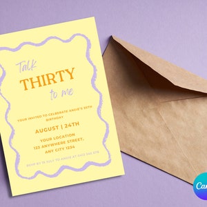 Editable pastel colored 30th birthday invitation, talk thirty to me