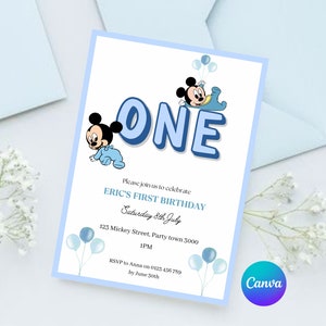 Baby Mickey 1. Geburtstagseinladung, Baby Jungen blaue Einladung, erster Geburtstag bearbeitbare Vorlage