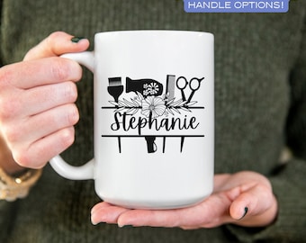 Personalized Hairstylist Mug, Custom Hairdresser Christmas Gift, Cosmetology Grad Coffee Mug, Work Mug with Name, Floral Ceramic Mug