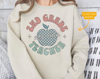 Custom 2nd Grade Teacher Sweatshirt Apple, Second Grade Teacher Crewneck, Gift for Second Grade Team, Elementary School Teacher Appreciation