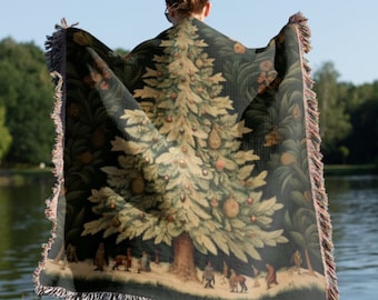 Woven Throw Blanket, Vintage Christmas Tree, Cottagecore Style Tapestry, Picnic Carpet, Sofa Blanket, Outdoor Blanket, Cotton With Fringe