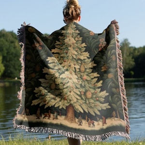 Woven Throw Blanket, Vintage Christmas Tree, Cottagecore Style Tapestry, Picnic Carpet, Sofa Blanket, Outdoor Blanket, Cotton With Fringe