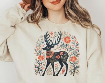 Folk Deer Sweatshirt, Norwegian Folk Art, Swedish Folk Art, Deer Hunting, Scandinavian Shirt, Swedish Christmas, Hygge, Cottagecore, Nordic