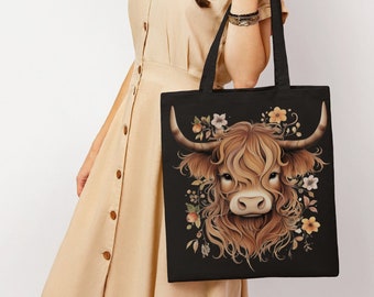 Boho Highland Cow Tote Bag | Blommig skotsk ko-älskare gåva