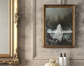 Ghost in the Bathtub, Halloween Decor, Ghost Bathroom Print, Art Poster Print, Dark Academia, Vintage Poster, Gothic Painting