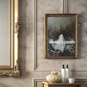 Ghost in the Bathtub, Halloween Decor, Ghost Bathroom Print, Art Poster Print, Dark Academia, Vintage Poster, Gothic Painting