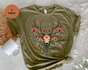 Deer in Bloom T-Shirt: Women's Floral Fall Shirt