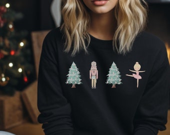 Nutcracker Sweatshirt, Vintage Style Pink Christmas Sweatshirt for Women, Christmas Tree Sweater, Christmas Nutcracker Shirt Black, Clara