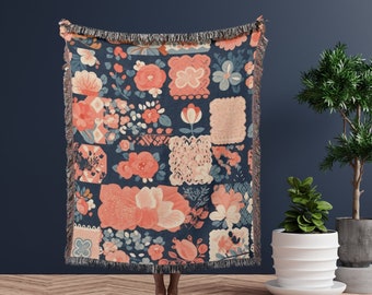 Picnic Throw Blanket, Cottagecore Style Blanket, Floral Throw, Tapestry Carpet, Sofa Blanket, Outdoor Blanket, 100% Cotton With Fringe