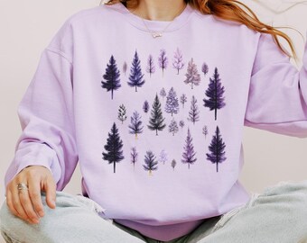 Camping Sweatshirt, Pine Tree Sweatshirt, Evergreen Trees, Gift for Nature Lover, Purple, Hiking Shirt, Nature Crewneck Sweatshirt for Women