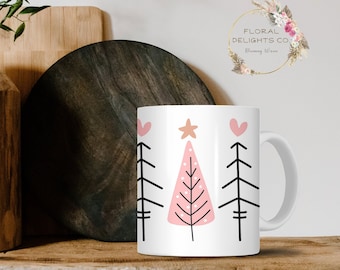 Pink Christmas Tree Coffee Mug, Boho Holiday Decor