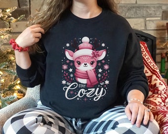 Christmas Shirt | Reindeer Face | Christmas T-Shirts | Pink Christmas | Reindeer Shirt For Woman | Reindeer Christmas Sweatshirt | Stay Cozy
