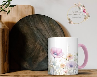 Mugg med pressade blommor, Boho Wildflowers Cottagecore-kaffemugg, Blomsterträdgårdsälskare, Present till henne, Botanisk tekopp, Lavendelblommig natur
