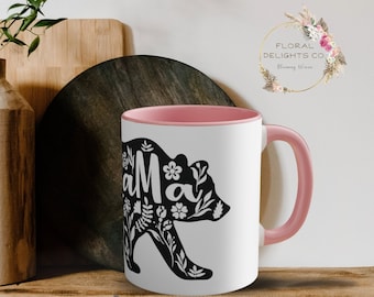 Floral Mama Bear Coffee Mug, Pink Handle, Mother's Day Gift