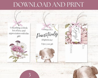 Cute Dog Gift Tags, Puppy and Flowers, Printable Favor Tags (3 Designs)