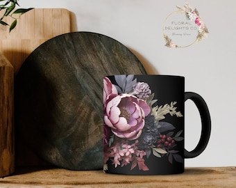 Tazza floreale viola Tazza da caffè in ceramica fatta a mano, Moody Floral, Tazza di fiori pressati, Fiori di campo Boho, Amante del giardino fiorito, Tazza di tè botanico