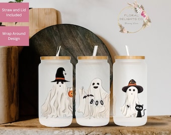 Halloween Black Cat Glass Tumbler, Halloween Gift, Iced Coffee Cup with lid and straw, Cute Ghosts,Cat Lover Beer Can, Frosted Glass Tumbler