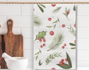 ChristmasTea Towel, Christmas Decoration, Christmas Dish Towels, Holiday Decor, Xmas Kitchen Towel, Holly and Berries Design, Hostess Gift