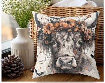 Scottish Highland Cow Pillow, Halloween Pillow Cover, Scottish Highland Cow | Mothers Day Gift | Scottish Wildlife Cushion | Scottish Gifts